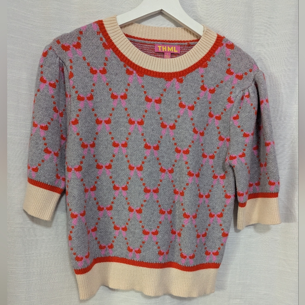 THML Grey Puff Sleeve Reagan Ribbon Bow Holiday Sweater Sz S